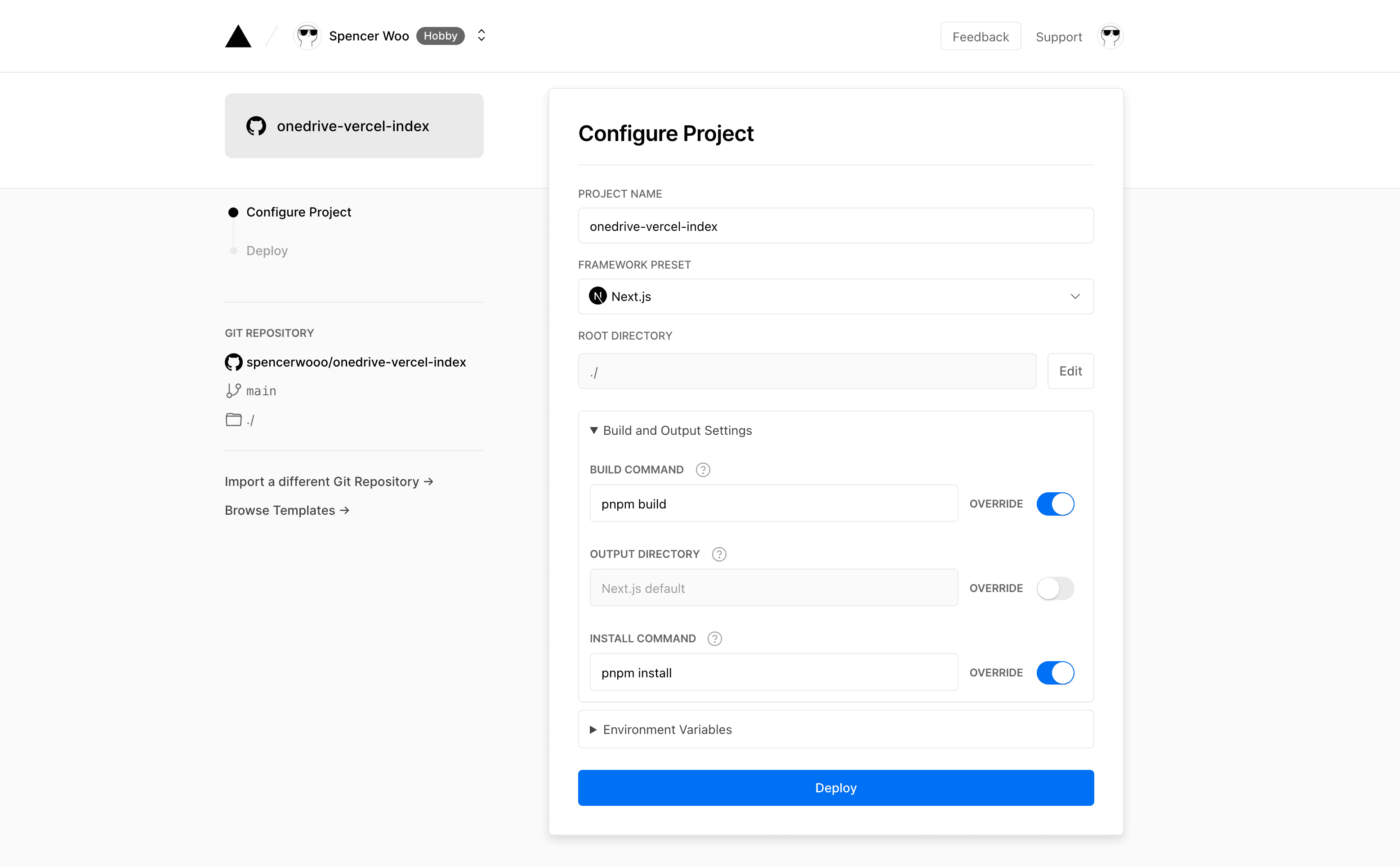 Import the forked GitHub project into Vercel